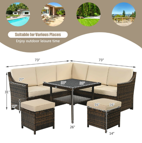 6 Pieces Patio Rattan Dining Sofa Funiture Set