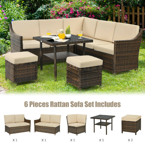 6 Pieces Patio Rattan Dining Sofa Funiture Set