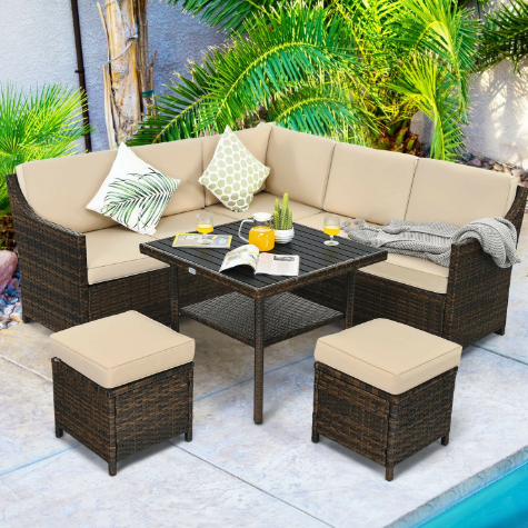 6 Pieces Patio Rattan Dining Sofa Funiture Set