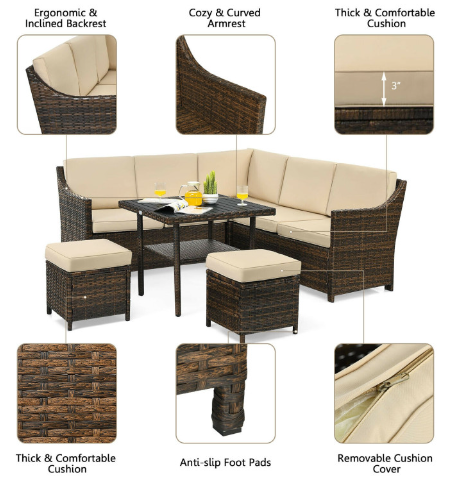 6 Pieces Patio Rattan Dining Sofa Funiture Set