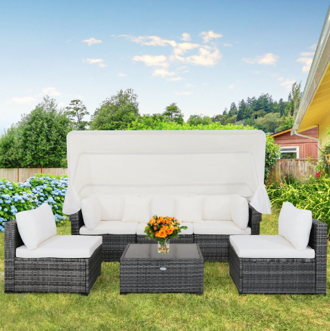 6 Pieces Patio Rattan Furniture Set with Retractable Canopy