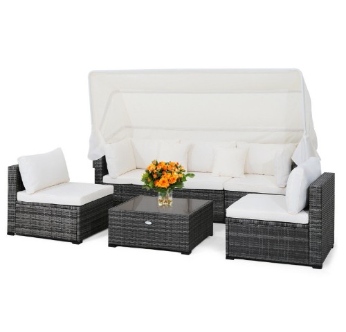 6 Pieces Patio Rattan Furniture Set with Retractable Canopy