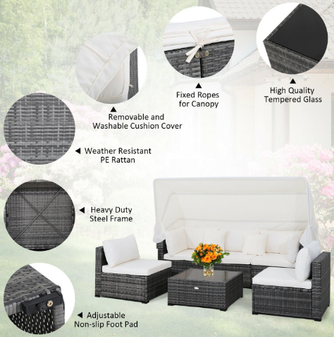 6 Pieces Patio Rattan Furniture Set with Retractable Canopy