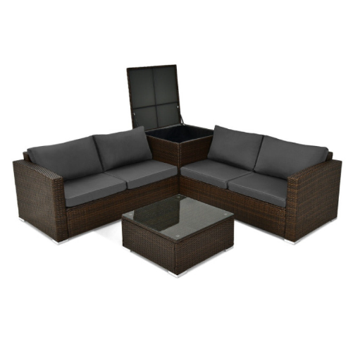 4 Pieces Patio Rattan Cushioned Furniture Set with Armrest and Storage Box