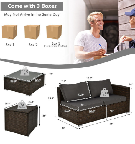 4 Pieces Patio Rattan Cushioned Furniture Set with Armrest and Storage Box