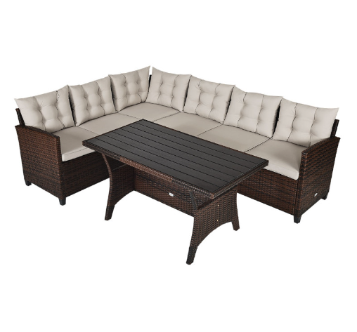 3 Pieces Hand-Woven Rattan Outdoor Sofa Set with Dining Table