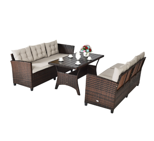 3 Pieces Hand-Woven Rattan Outdoor Sofa Set with Dining Table