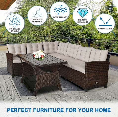 3 Pieces Hand-Woven Rattan Outdoor Sofa Set with Dining Table