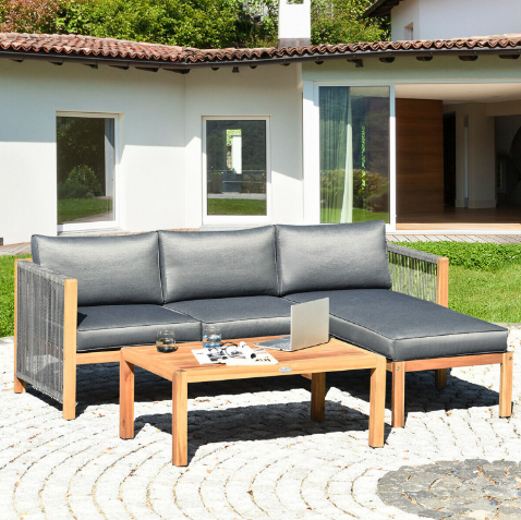 3 Pieces Patio Acacia Wood Sofa Furniture Set with Nylon Rope Armrest