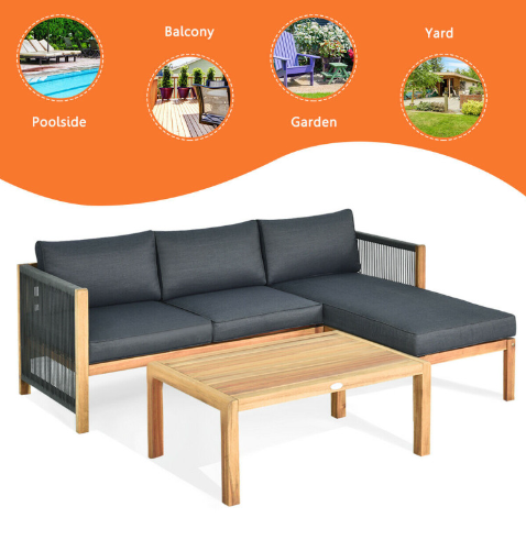 3 Pieces Patio Acacia Wood Sofa Furniture Set with Nylon Rope Armrest