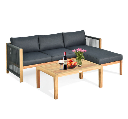 3 Pieces Patio Acacia Wood Sofa Furniture Set with Nylon Rope Armrest