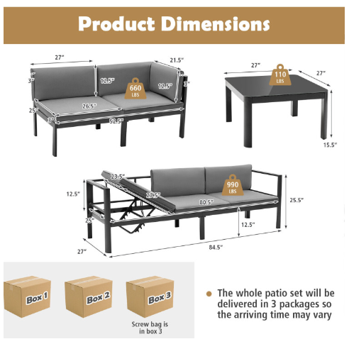 3 Pieces Aluminum Patio Furniture Set with 6-Level Adjustable Backrest