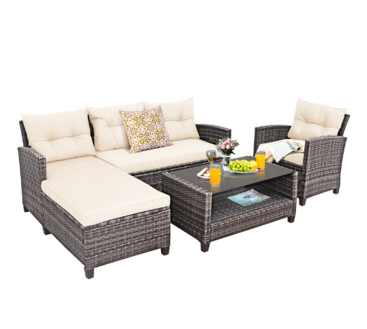 4 Pieces Patio Rattan Furniture Set with Cushion and Table Shelf