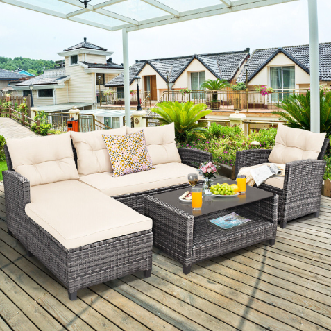 4 Pieces Patio Rattan Furniture Set with Cushion and Table Shelf