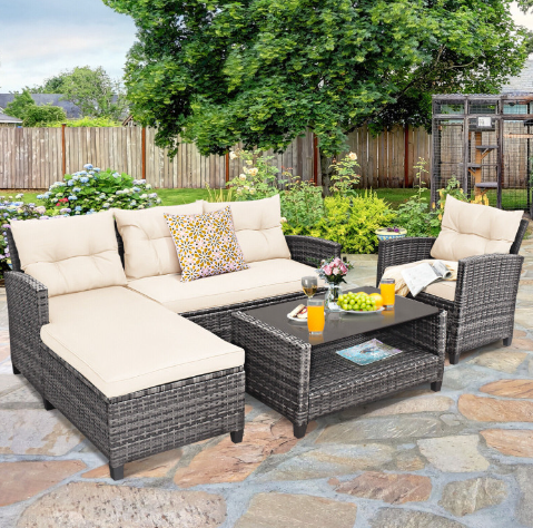 4 Pieces Patio Rattan Furniture Set with Cushion and Table Shelf
