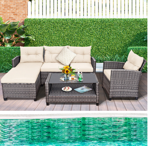 4 Pieces Patio Rattan Furniture Set with Cushion and Table Shelf