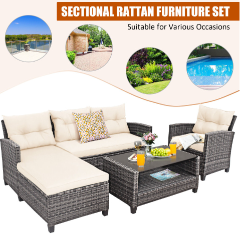 4 Pieces Patio Rattan Furniture Set with Cushion and Table Shelf