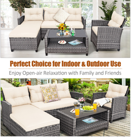 4 Pieces Patio Rattan Furniture Set with Cushion and Table Shelf