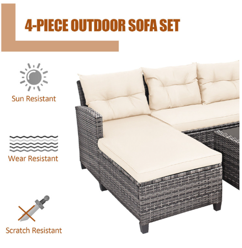 4 Pieces Patio Rattan Furniture Set with Cushion and Table Shelf
