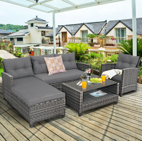 4 Pieces Patio Rattan Furniture Set with Cushion and Table Shelf