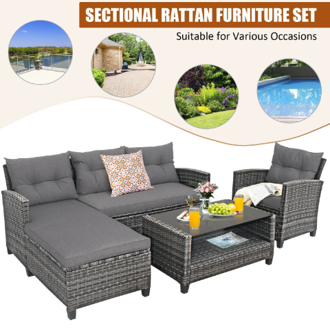 4 Pieces Patio Rattan Furniture Set with Cushion and Table Shelf