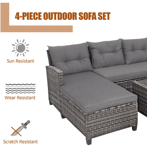 4 Pieces Patio Rattan Furniture Set with Cushion and Table Shelf