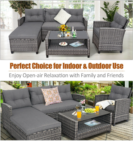 4 Pieces Patio Rattan Furniture Set with Cushion and Table Shelf