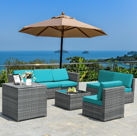 8 Pieces Wicker Sofa Rattan Dining Set Patio Furniture with Storage Table