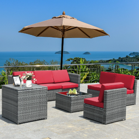 8 Pieces Wicker Sofa Rattan Dining Set Patio Furniture with Storage Table