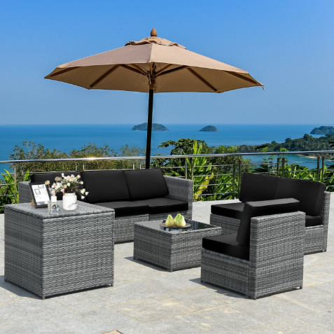 8 Pieces Wicker Sofa Rattan Dining Set Patio Furniture with Storage Table