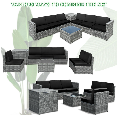 8 Pieces Wicker Sofa Rattan Dining Set Patio Furniture with Storage Table