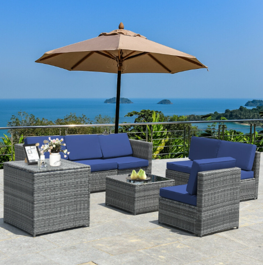 8 Pieces Wicker Sofa Rattan Dining Set Patio Furniture with Storage Table