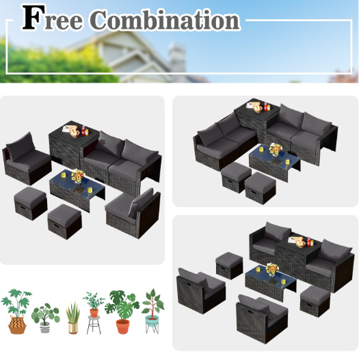 8 Pieces Patio Furniture Set with Storage Box and Waterproof Cover