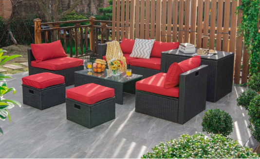 8 Pieces Patio Furniture Set with Storage Box and Waterproof Cover