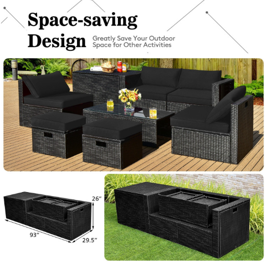 8 Pieces Patio Furniture Set with Storage Box and Waterproof Cover