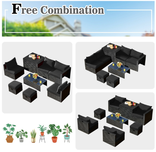 8 Pieces Patio Furniture Set with Storage Box and Waterproof Cover