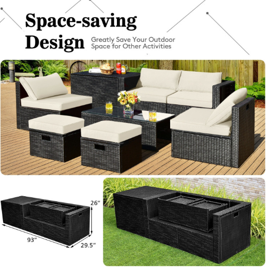 8 Pieces Patio Furniture Set with Storage Box and Waterproof Cover