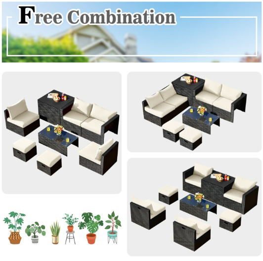 8 Pieces Patio Furniture Set with Storage Box and Waterproof Cover