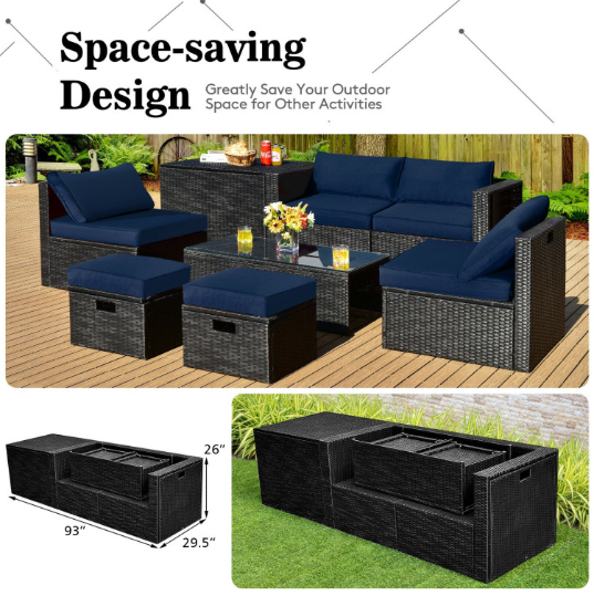 8 Pieces Patio Furniture Set with Storage Box and Waterproof Cover