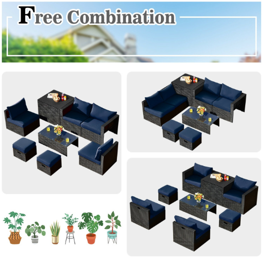 8 Pieces Patio Furniture Set with Storage Box and Waterproof Cover