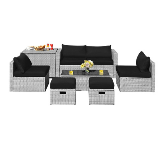 8 Pieces Patio Rattan Furniture Set with Storage Waterproof Cover and Cushion