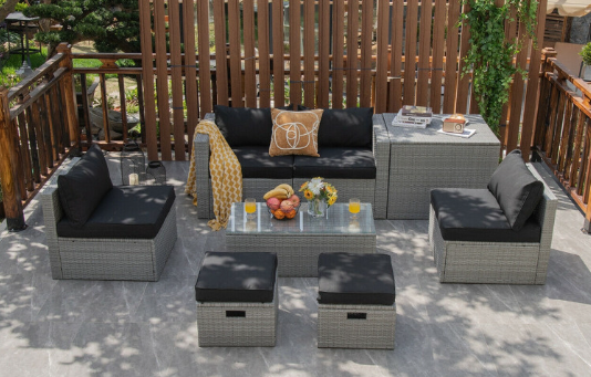 8 Pieces Patio Rattan Furniture Set with Storage Waterproof Cover and Cushion