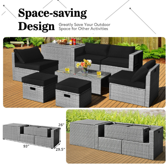 8 Pieces Patio Rattan Furniture Set with Storage Waterproof Cover and Cushion