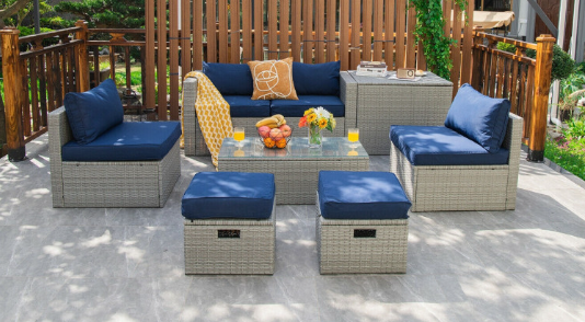 8 Pieces Patio Rattan Furniture Set with Storage Waterproof Cover and Cushion