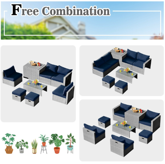 8 Pieces Patio Rattan Furniture Set with Storage Waterproof Cover and Cushion