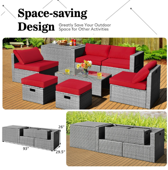 8 Pieces Patio Rattan Furniture Set with Storage Waterproof Cover and Cushion