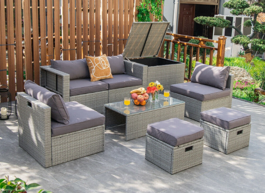 8 Pieces Patio Rattan Furniture Set with Storage Waterproof Cover and Cushion