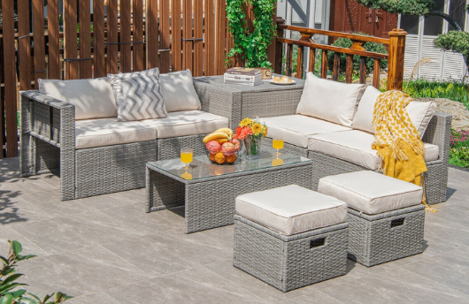 8 Pieces Patio Rattan Furniture Set with Storage Waterproof Cover and Cushion