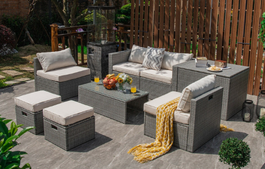 8 Pieces Patio Rattan Furniture Set with Storage Waterproof Cover and Cushion