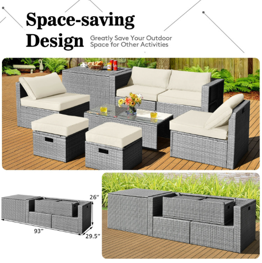 8 Pieces Patio Rattan Furniture Set with Storage Waterproof Cover and Cushion